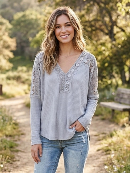 Free People Tops - NWOT Free People Women’s Boho Grey Lola Lace-Trimmed Long Sleeved Top – Size XS